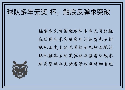 球队多年无奖 杯，触底反弹求突破